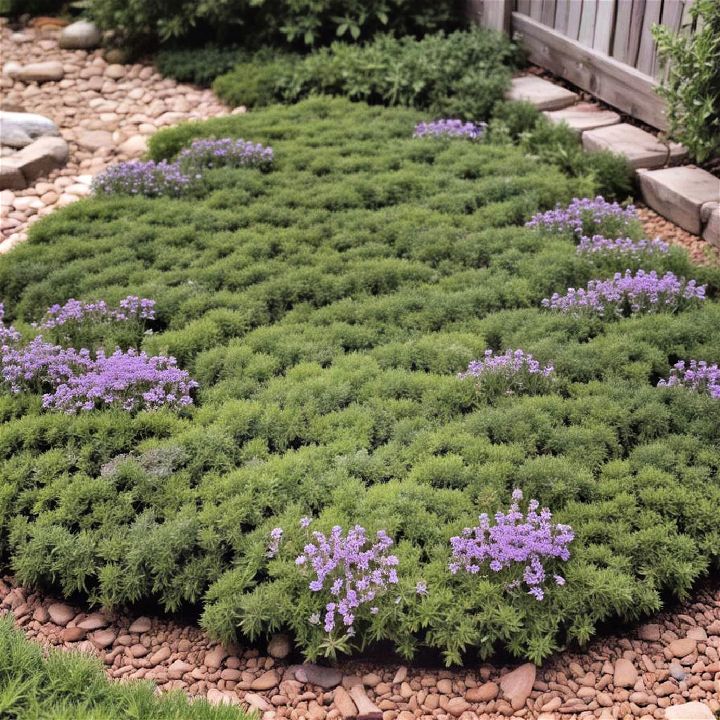 creeping thyme themed backyard turf