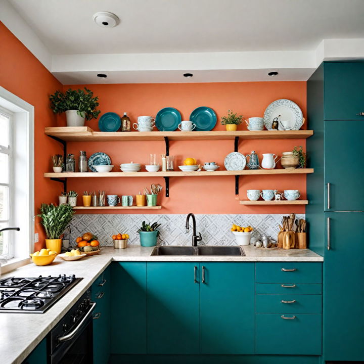 decorative open shelving for colorful kitchen