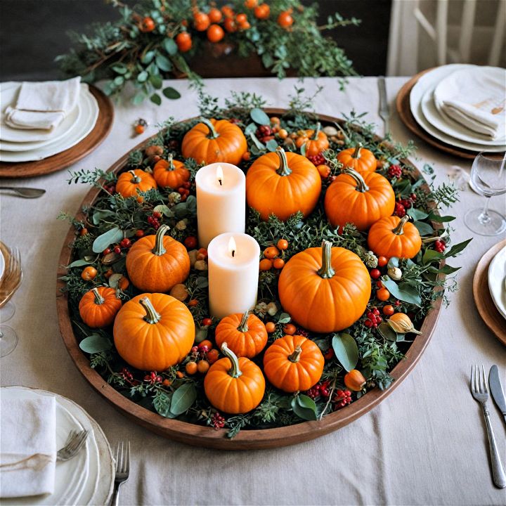 decorative pumpkin and foliage tray