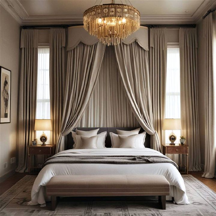 dramatic drapery art deco bedroom