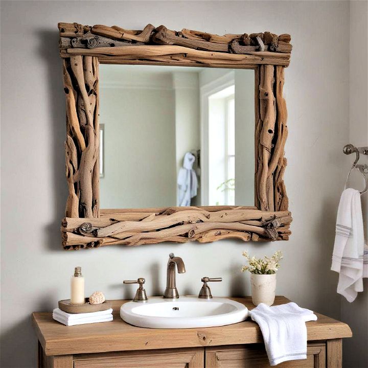 driftwood framed mirror for bathroom