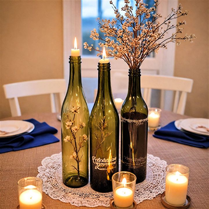 eco friendly candle lit wine bottles