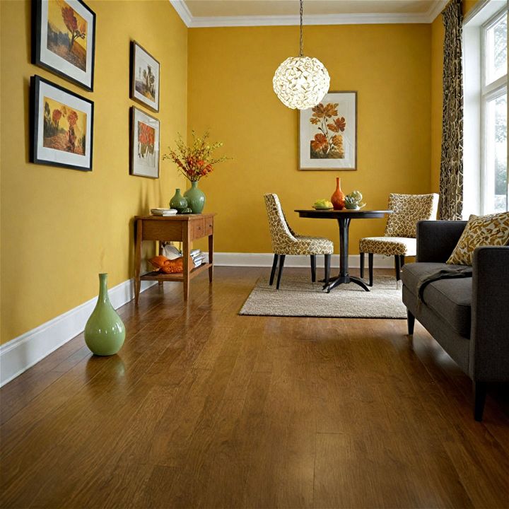 eco friendly mustard wall and dark cork floor