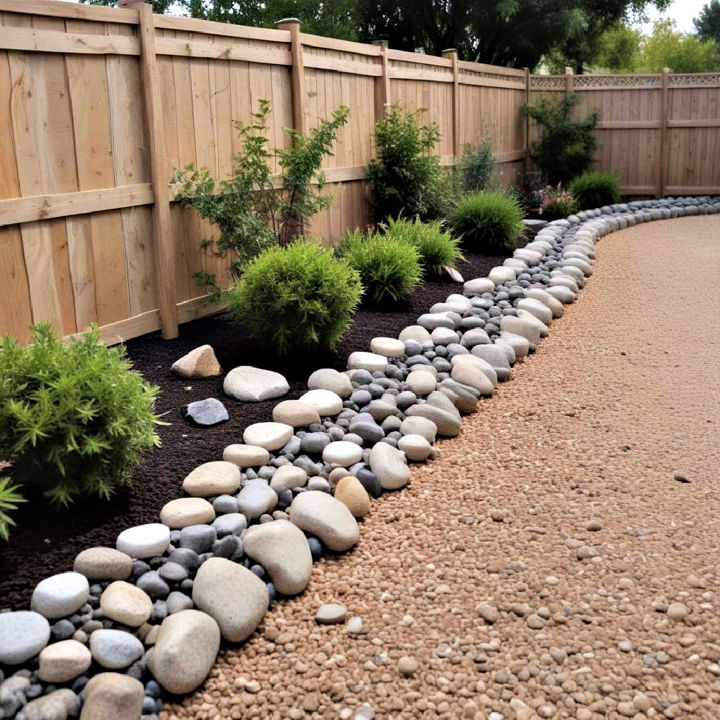 ecorative stones along the base of fence