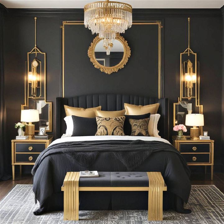 elegant black and gold palette art deco bedroom