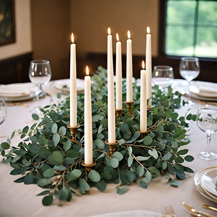 elegant taper candles with eucalyptus