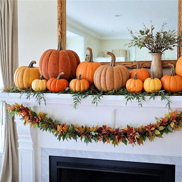 elegant velvet pumpkin mantel decor