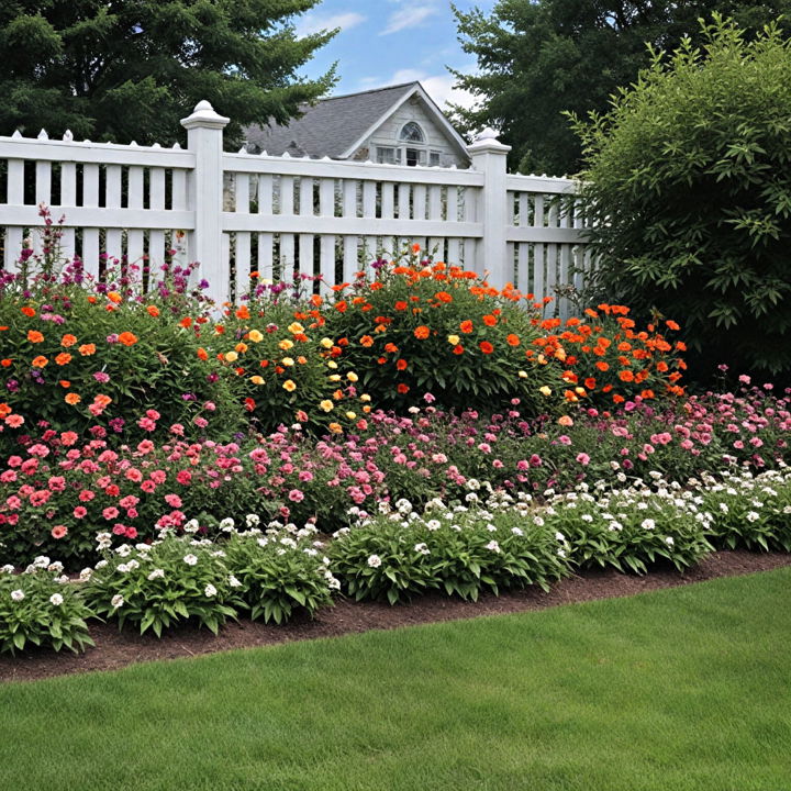 enhancing fence line with lush flower bed