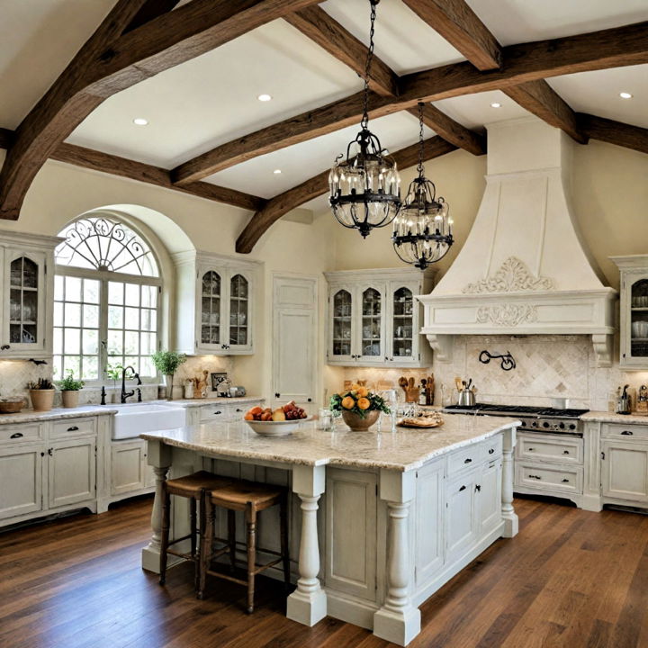 exposed beams in a french provincial kitchen