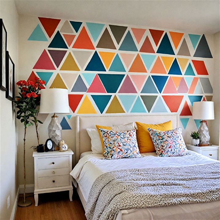 eye catching geometric bedroom wall