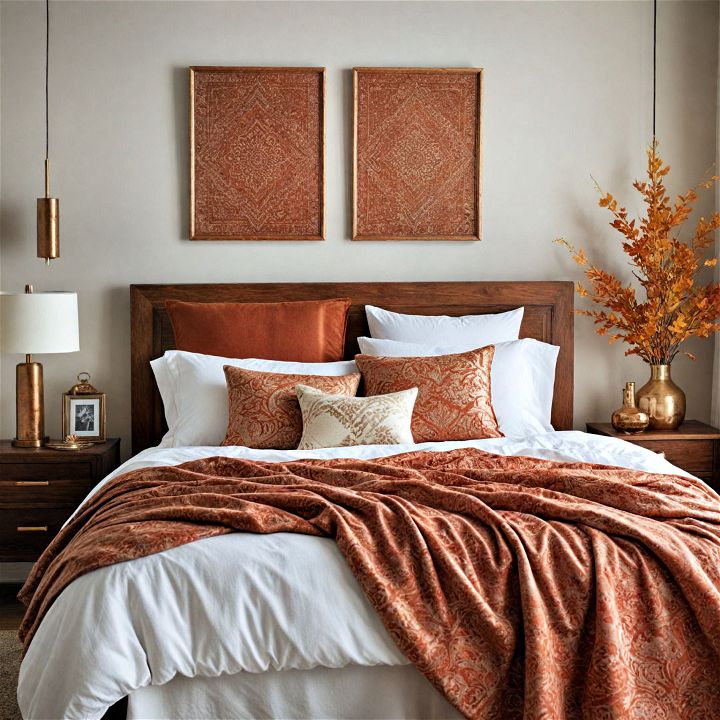 fall bedroom decor with stylish copper accents
