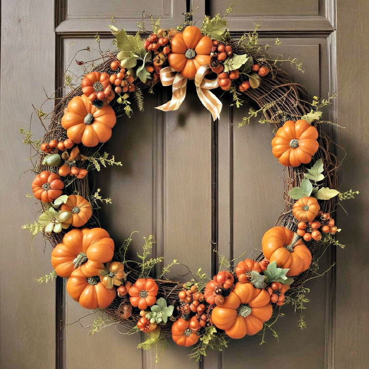 fall themed wreath using mini pumpkins