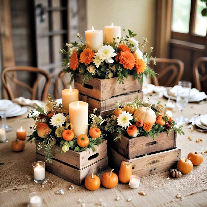 fall wedding décor wooden crate centerpiece