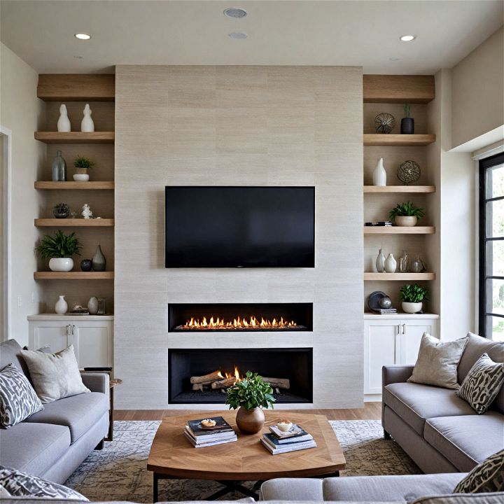 fireplace wall with a recessed tv