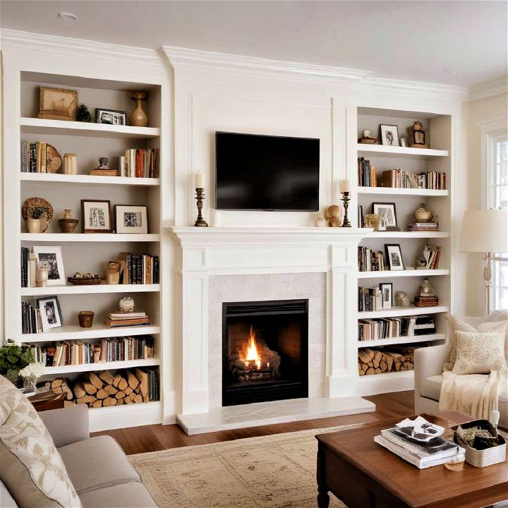 fireplace with built in bookshelves