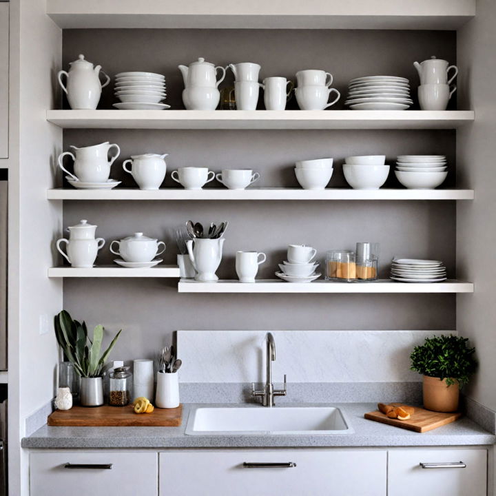 floating shelves for grey and white kitchen