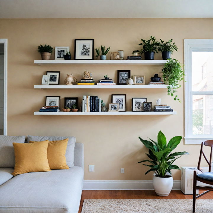 floating shelves neutral living room