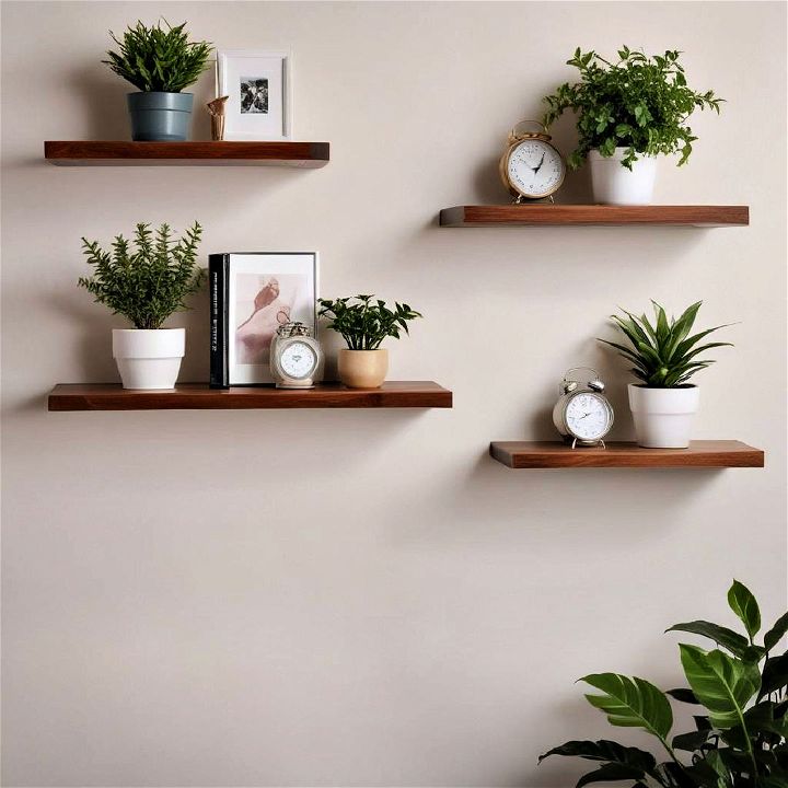 floating shelves with plants and books