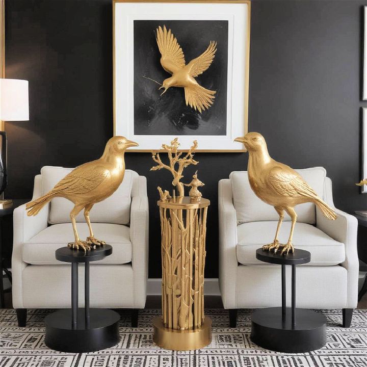 gold bird sculptures on black pedestals