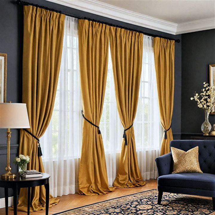 gold curtains with black tiebacks