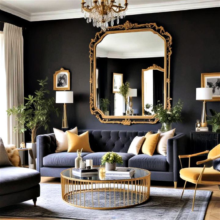 gold framed mirror for black and gold living room