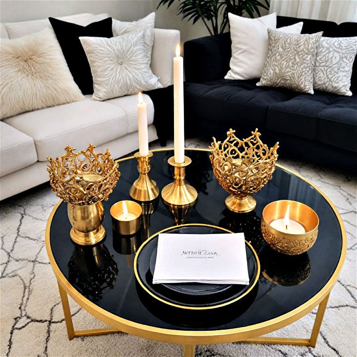 gold tableware with black coasters
