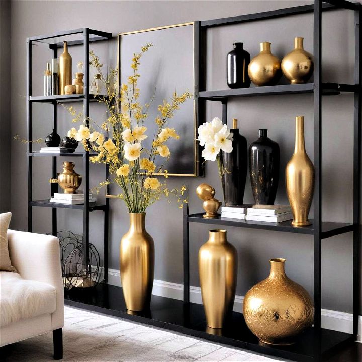 gold vases on black shelves for living room