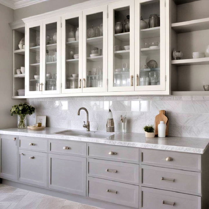 gray and white glass front cabinets