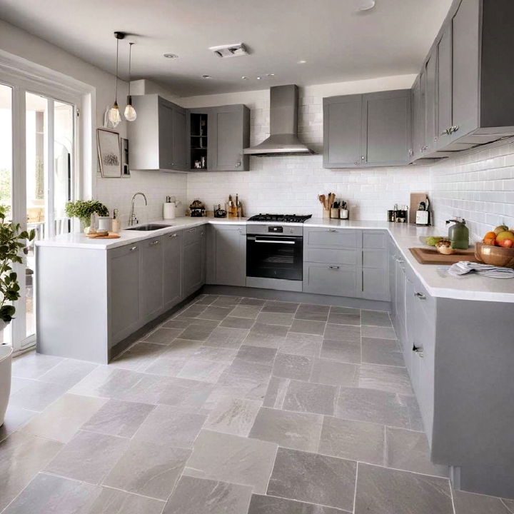 gray and white tiles kitchen flooring