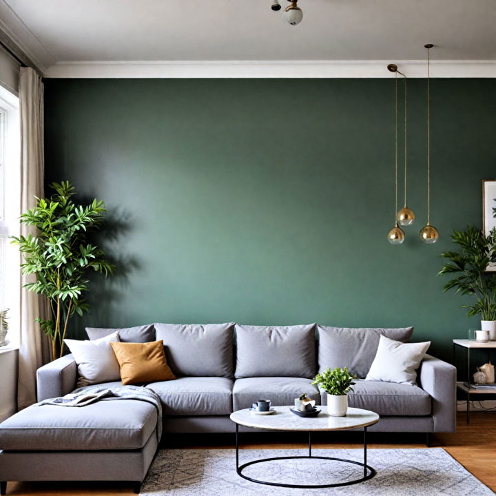 green accent wall with grey decor