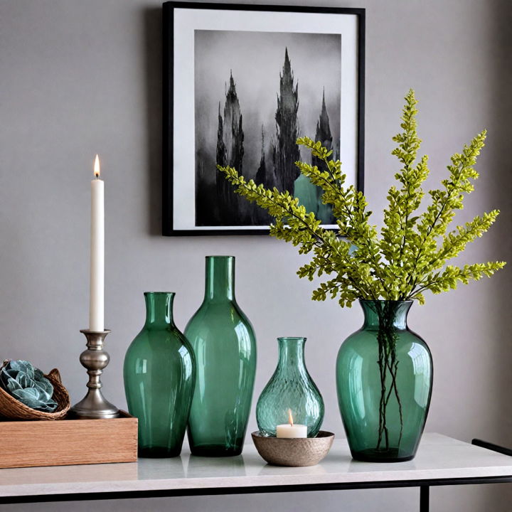 green glass decor with grey backdrop