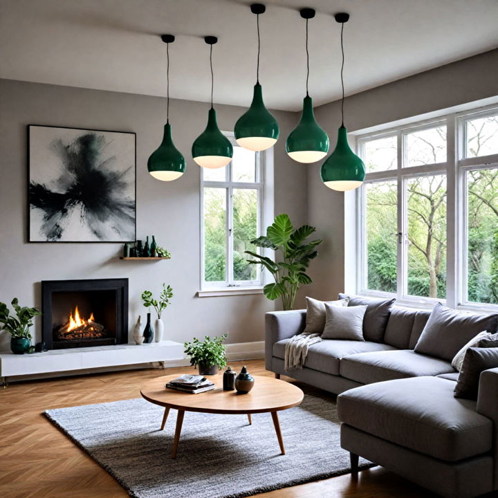 green lighting fixtures in a grey living room