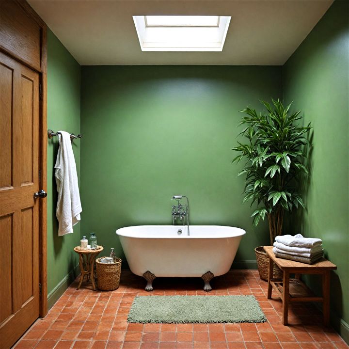 green walls and terracotta floors for bathroom