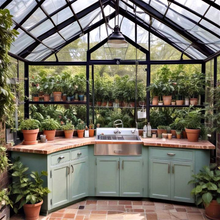 greenhouse inspired outdoor kitchen