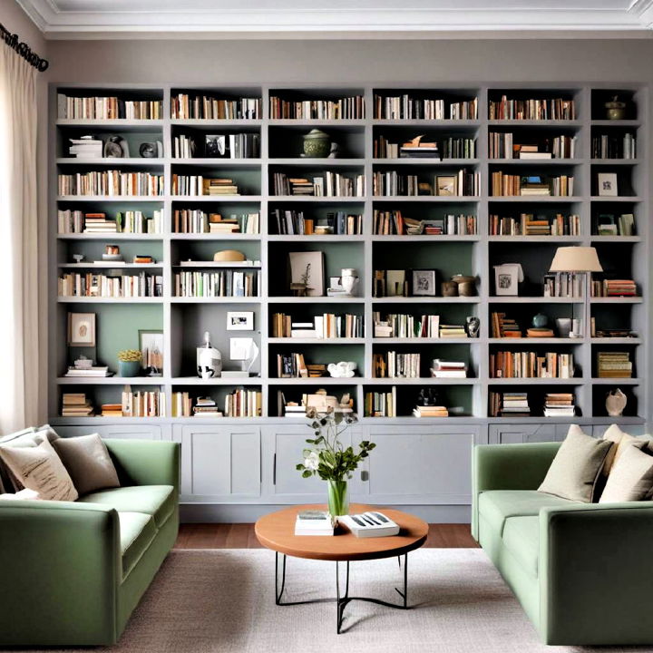 grey bookshelves with green backed inserts