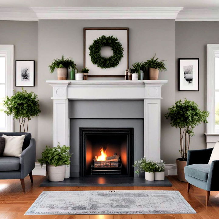 grey fireplace with green mantel décor