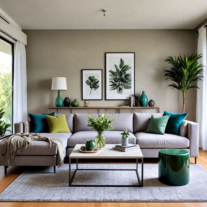grey furniture with green accents