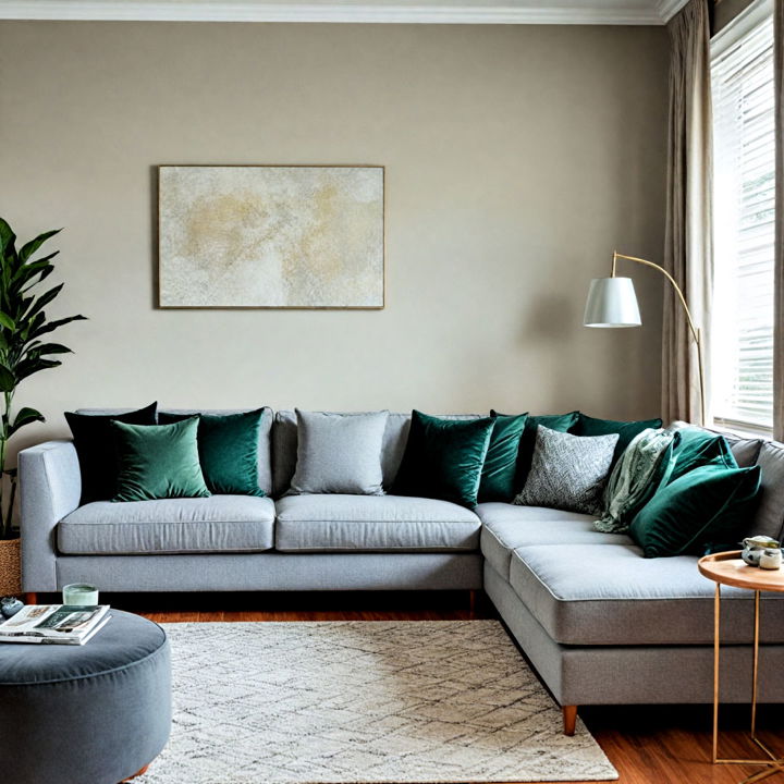 grey sofa with green accent pillows