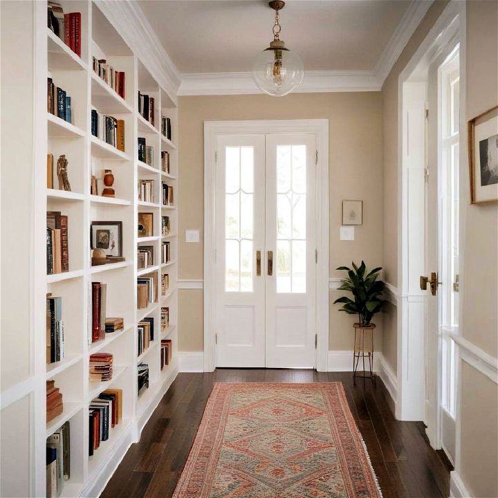 hallway with built in bookshelves