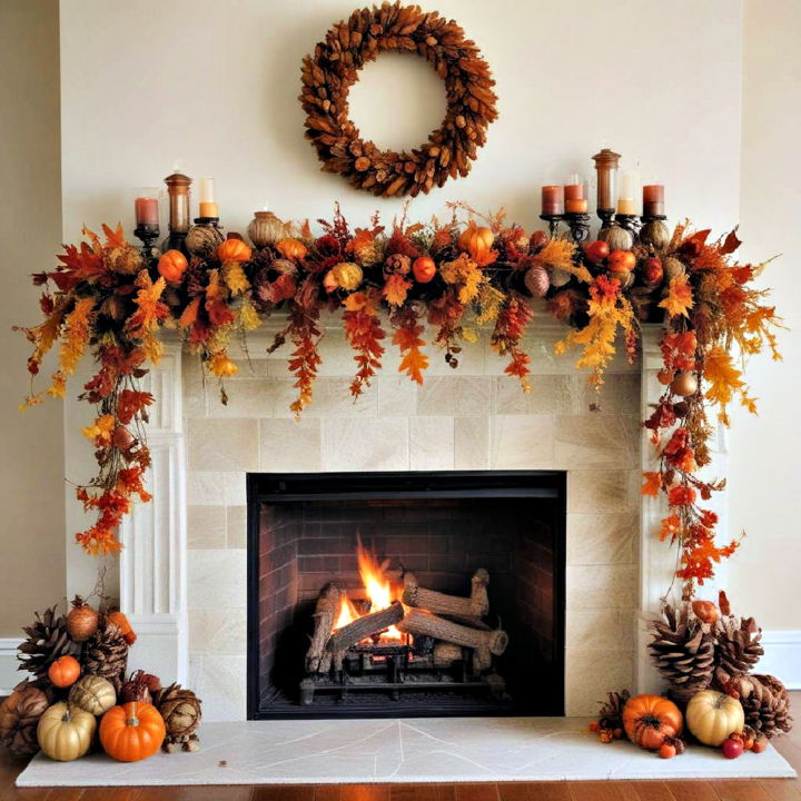 hang autumn garland on fireplace mantle