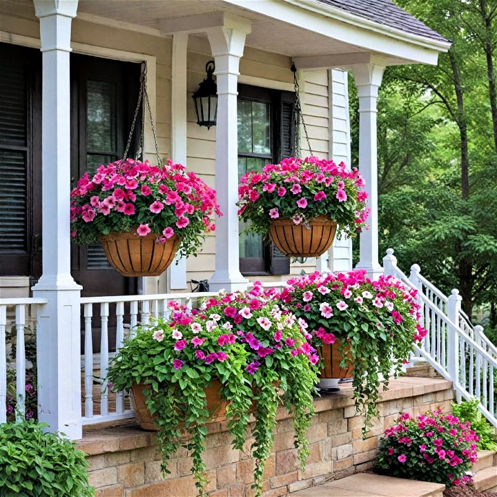 hang flower baskets from porch eaves
