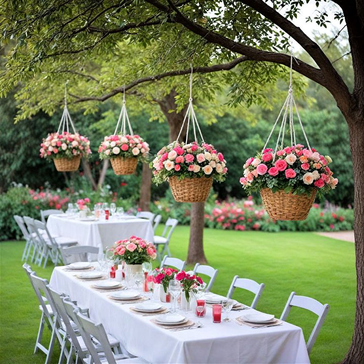 hanging flower baskets at garden party