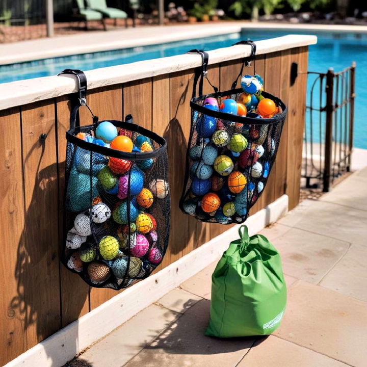 hanging mesh bags to organize pool toys
