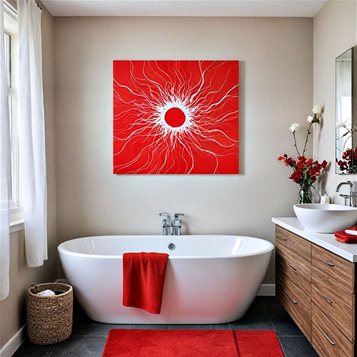 hanging red artwork for bathroom