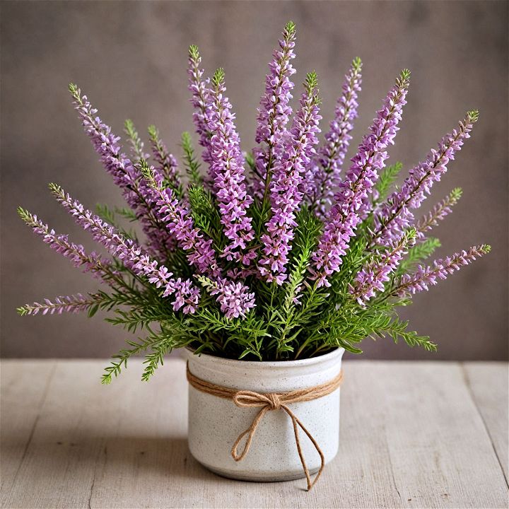 heather centerpiece for rustic setting