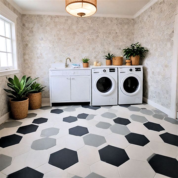 hexagon tiles painted floor for laundry room