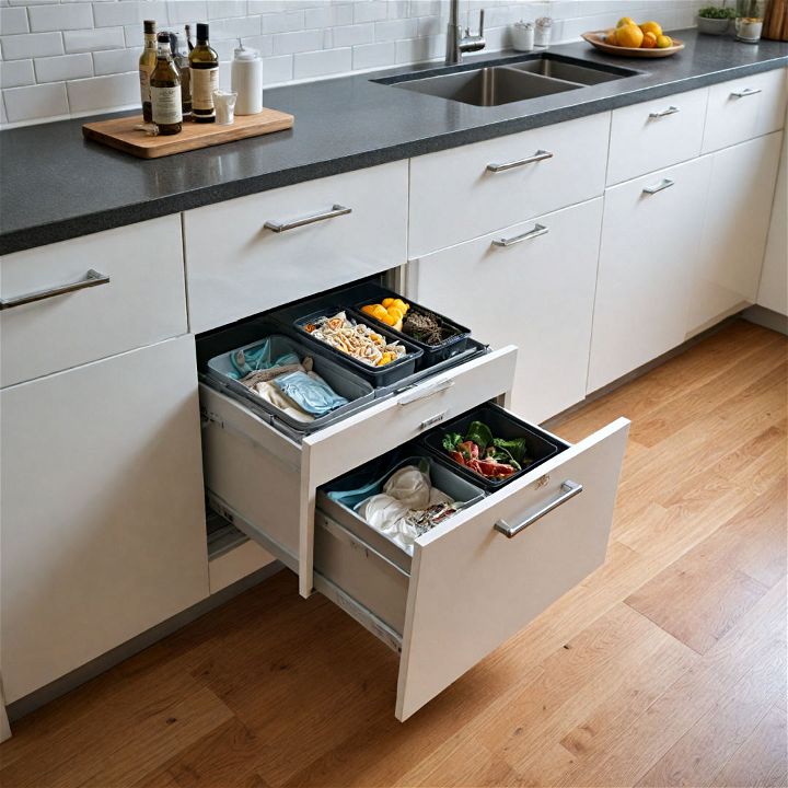 hidden trash solutions for minimalist kitchen