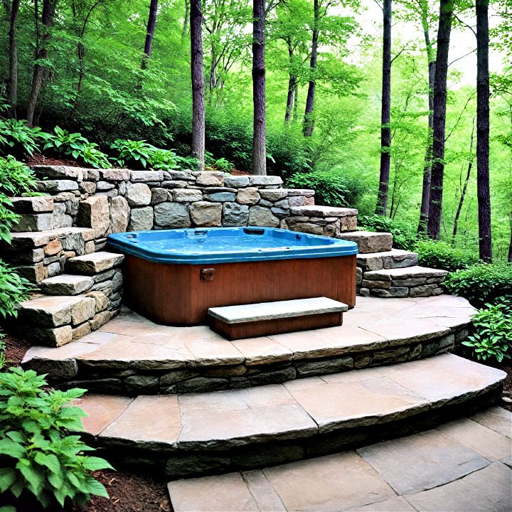 hot tub nook for down slopped backyard
