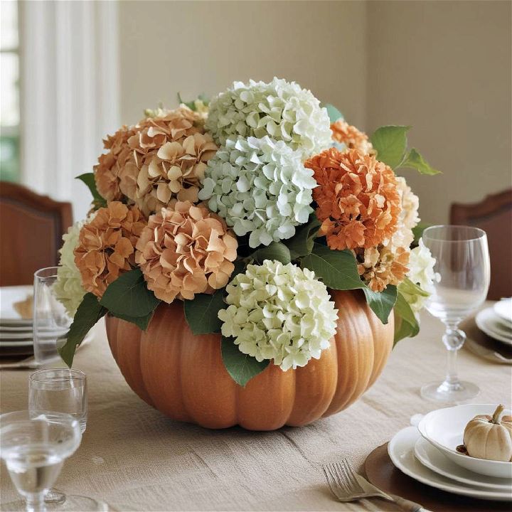 hydrangea and pumpkin combo centerpiece