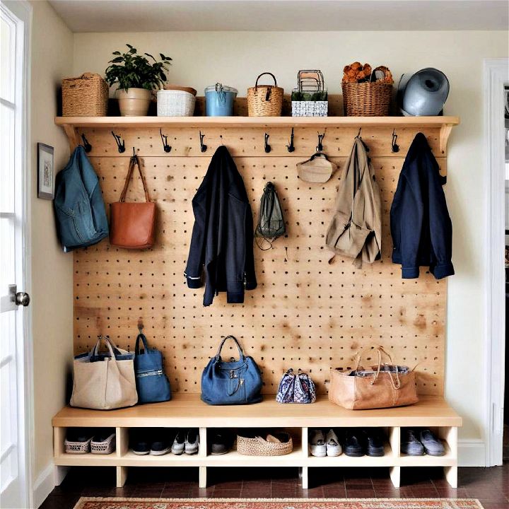 clutter free hook and pegboard for mudroom storage